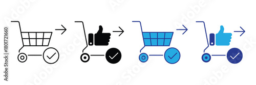 Shopping cart progression: empty to approval, with thumbs up and checkmark icons, representing e-commerce success and validation, clean design