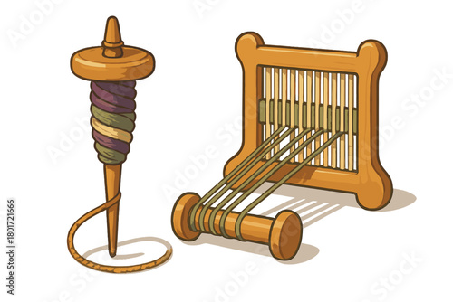 Traditional wooden spinning wheel bobbin and small hand loom