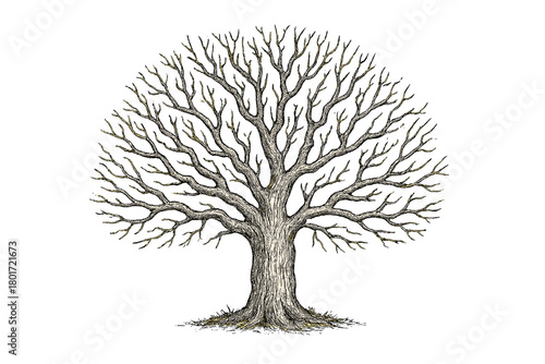 Bare deciduous tree trunk and intricate branching structure in detailed engraving style