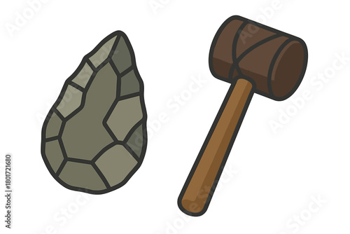 Prehistoric stone hand axe and wooden mallet tool set