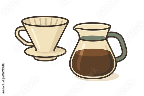 Ceramic pour over coffee dripper and glass carafe with brewed beverage