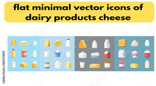 Flat Minimal Vector Icons of Dairy Products and Cheese