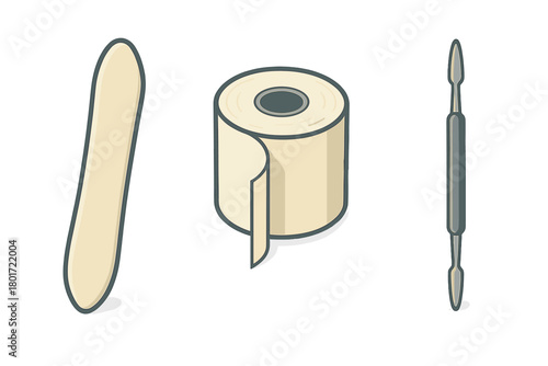 Set of medical and manicure instruments including tongue depressor tape and cuticle pusher