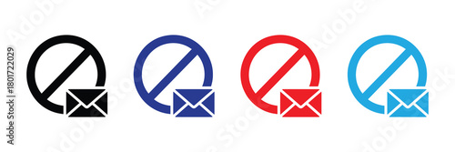 Collection of four prohibition symbols with email icons in black, blue, red, and light blue, representing email restrictions, no mail, or blocked messages. versatile for communication concepts.