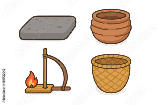 Fototapete Set of primitive tools and containers: stone, fire drill, pottery, and woven bas