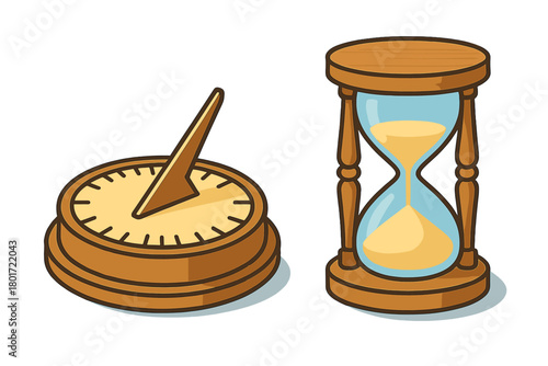 Antique wooden sundial and hourglass time measurement devices