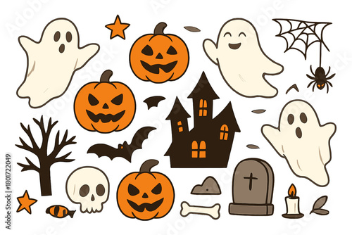 Charming set of Halloween icons featuring ghosts, carved pumpkins, and a spooky house