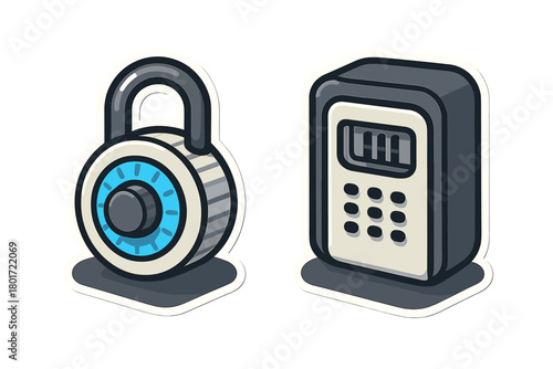 Combination padlock and digital keypad security icons set