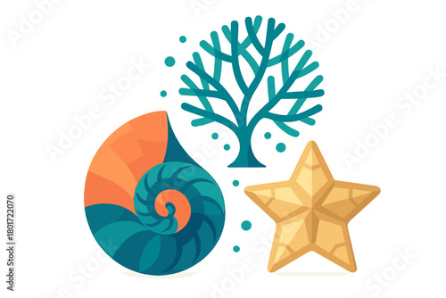 Abstract sea life icons featuring nautilus shell coral and starfish shapes