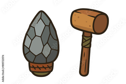 Primitive stone axe and wooden mallet tool icons set