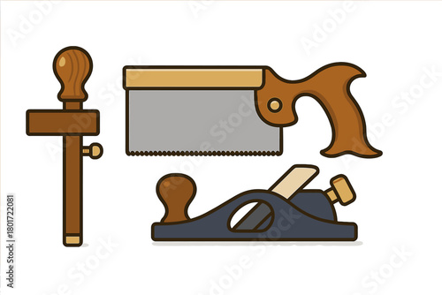 Set of traditional woodworking hand tools including marking gauge, saw, and plane