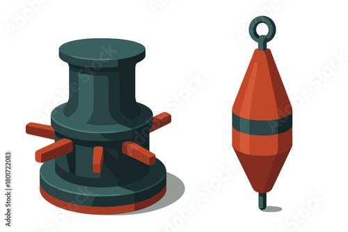 Isometric set of marine mooring bollard and navigation buoy