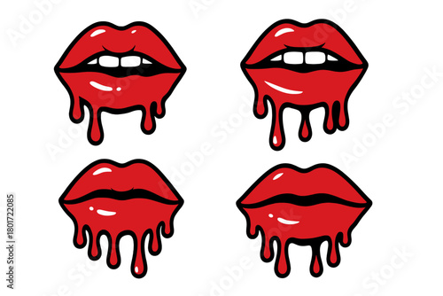 Four red dripping lips icons with bold black outlines