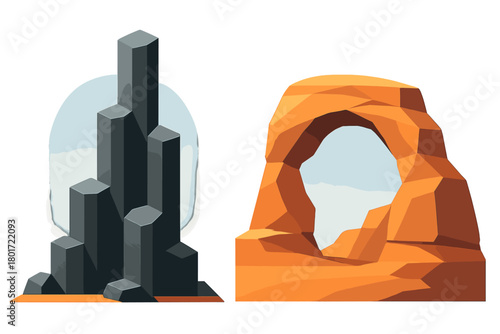 Stylized geometric rock formations with basalt columns and sandstone arch