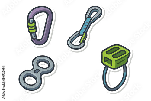 Colorful icons of climbing and mountaineering hardware equipment