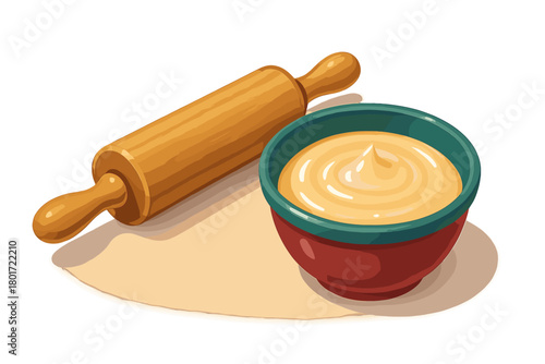 Wooden rolling pin and bowl with smooth creamy dough for baking