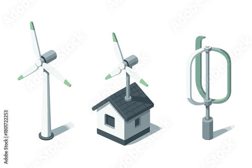 Isometric wind turbines and home power generation icons for renewable energy