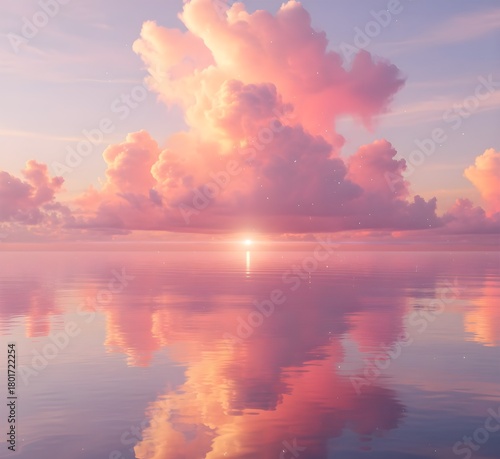 Pink Dreamy Clouds Reflected on Calm Water at Sunset. 