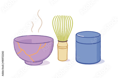 Traditional Japanese matcha tea ceremony tools with kintsugi bowl