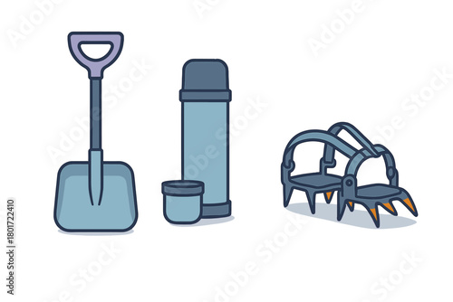 Snow shovel thermos and crampons set for winter mountaineering equipment