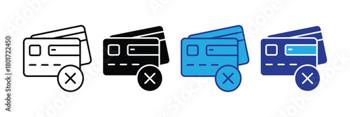 Credit card payment declined icon set with checkmark symbol indicating rejection and transaction failure on white background.
