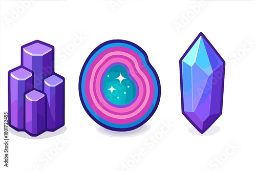 Colorful fantasy crystal and mineral icons set