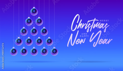 billiard Christmas and New Year sport banner. Merry Christmas tech greeting card with xmas ball as a bauble on purple neon background. Vector illustration