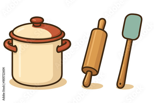 Set of essential cooking and baking utensils including pot, rolling pin, and spatula
