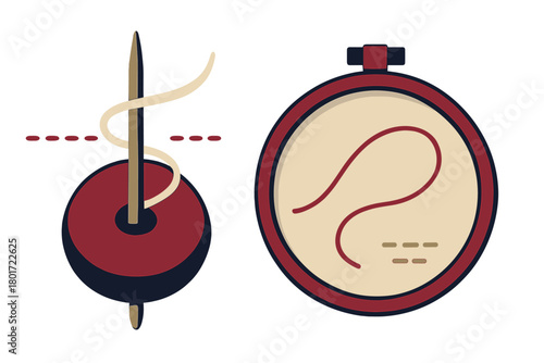 Embroidery needle hoop icons with thread and various stitching symbols