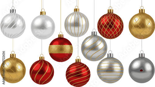 Isolated a kinds of deferent Christmas balls set isolated. Shiny glossy metallic 3D baubles in white, gold, red, and silver paint. Christmas and Happy New Year Holiday hanging decoration vector art .