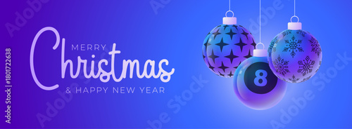 billiard Christmas and New Year sport banner. Merry Christmas tech greeting card with xmas ball as a bauble on purple neon background. Vector illustration