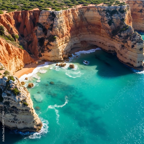 Stunning aerial view of the Algarve coast with cliffs and turquoise water.