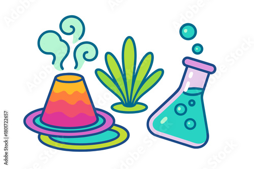 Colorful icons depicting science experiments with volcano and bubbling flask