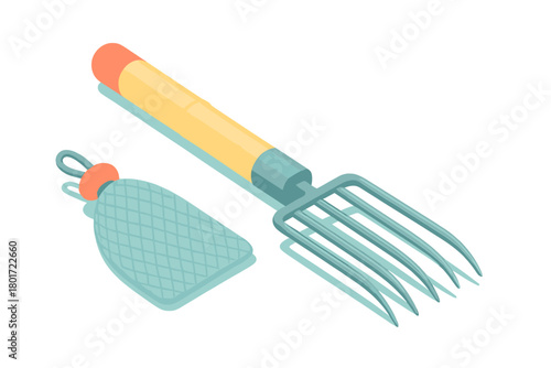 Isometric garden hand cultivator tool with scrubbing pad