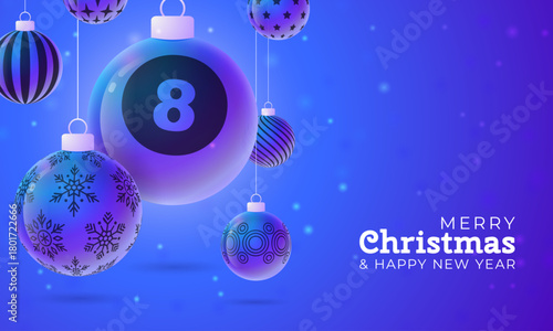 billiard Christmas and New Year sport banner. Merry Christmas tech greeting card with xmas ball as a bauble on purple neon background. Vector illustration