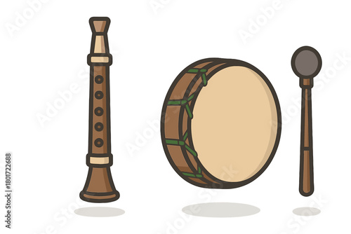 Traditional Irish musical instruments including whistle and bodhran drum
