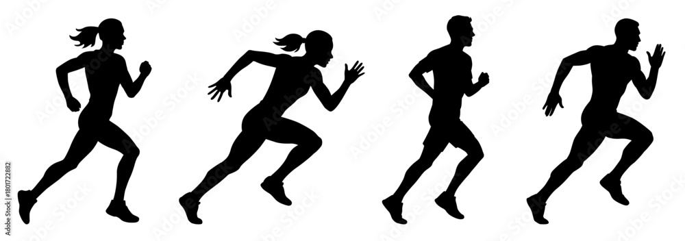 Naklejka premium Running man and woman silhouettes. Vector set. Male and female runners figure shapes. Bare and naked slim healthy people work out