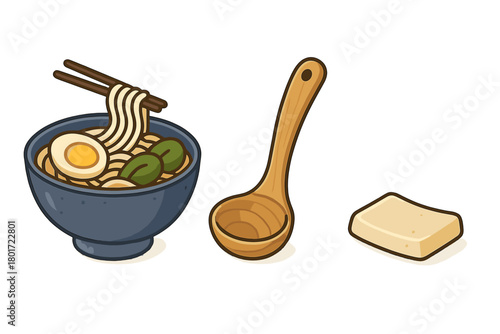 Ramen bowl with noodles, egg, and toppings next to wooden ladle and tofu block