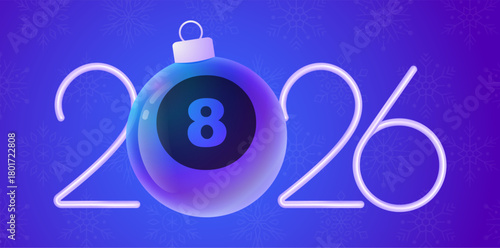 billiard 2026 New Year sport banner. Merry Christmas tech greeting card with xmas ball as a bauble on purple neon background. Vector illustration