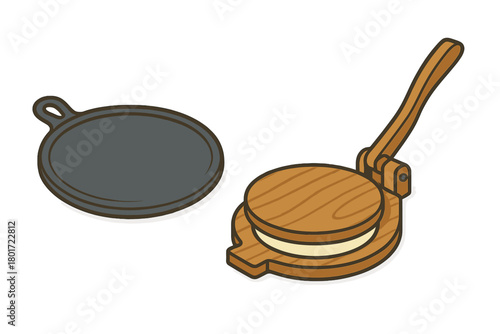 Wooden tortilla press and cast iron comal griddle for flatbread cooking