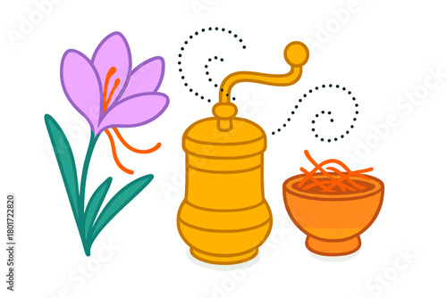Saffron crocus flower spice grinder and threads concept