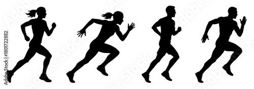 Running man and woman silhouettes. Vector set. Male and female runners figure shapes. Bare and naked slim healthy people work out