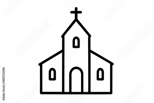 Outline icon of traditional church building with steeple and cross