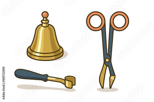 Golden service bell and fireplace tongs set isolated on white background