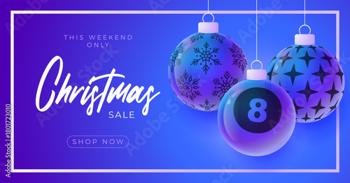 billiard Christmas and New Year sport banner. Merry Christmas tech greeting card with xmas ball as a bauble on purple neon background. Vector illustration