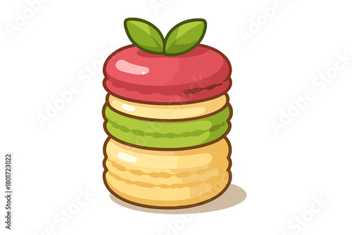 Stack of three colorful layered macarons with fresh mint leaf garnish