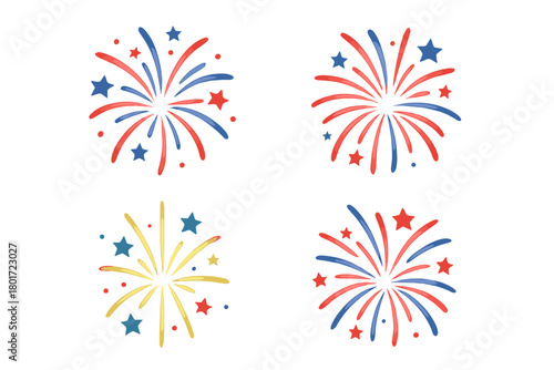 Colorful patriotic fireworks bursts with stars and bright light effects