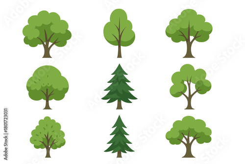 Assortment of green deciduous and coniferous tree icons for nature themes