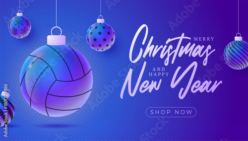 volleyball Christmas and New Year sport banner. Merry Christmas tech greeting card with xmas ball as a bauble on purple neon background. Vector illustration