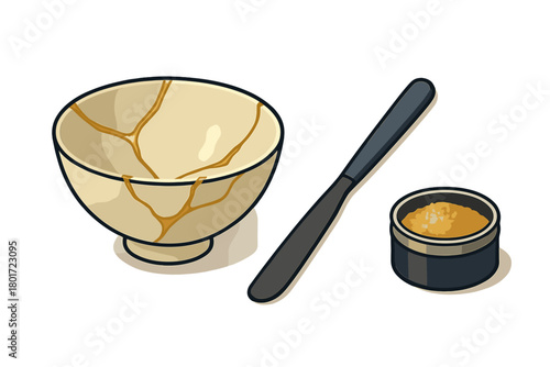 Kintsugi repair kit with broken ceramic bowl and gold powder